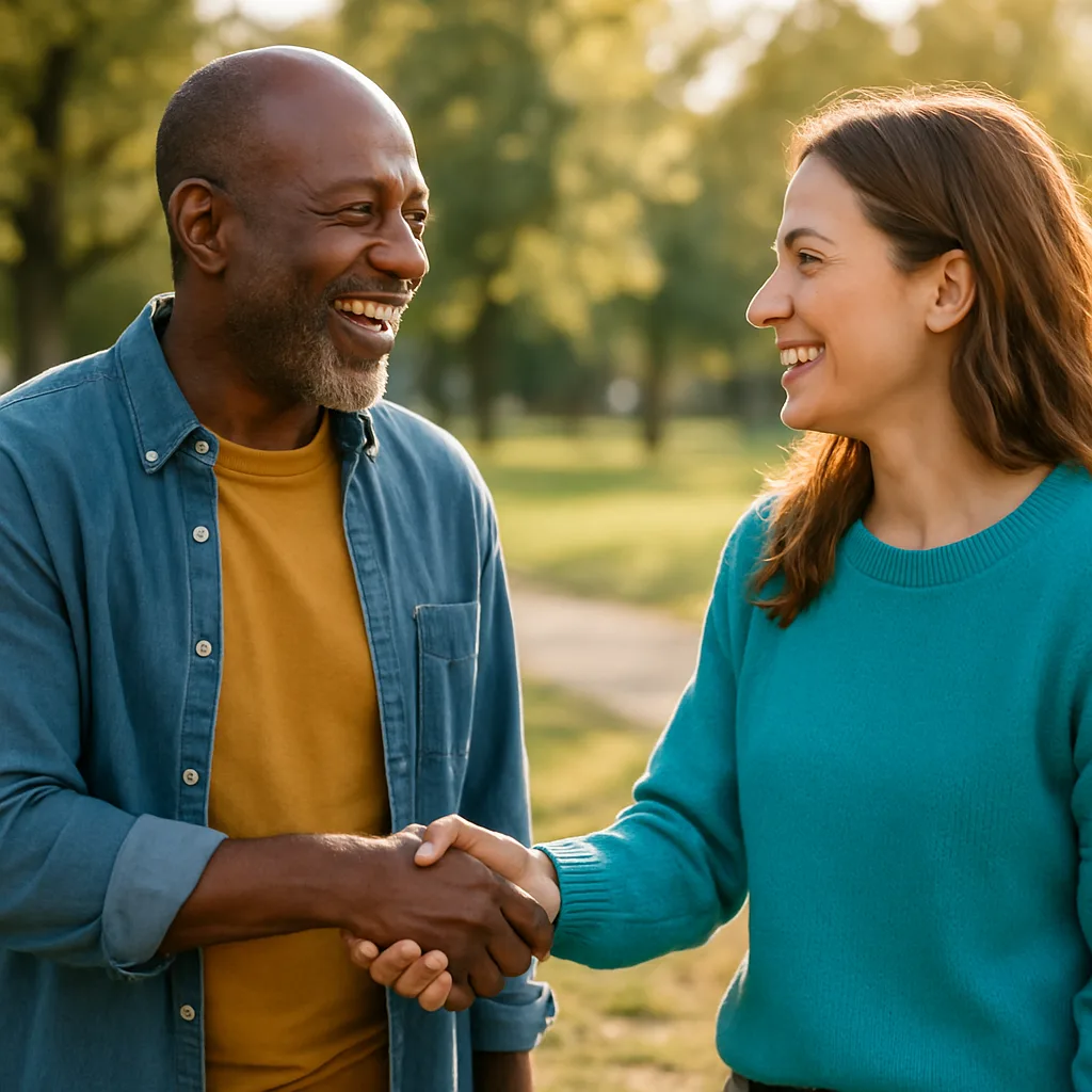 Two people meeting at a local park — genuinely local Oxfordshire dating