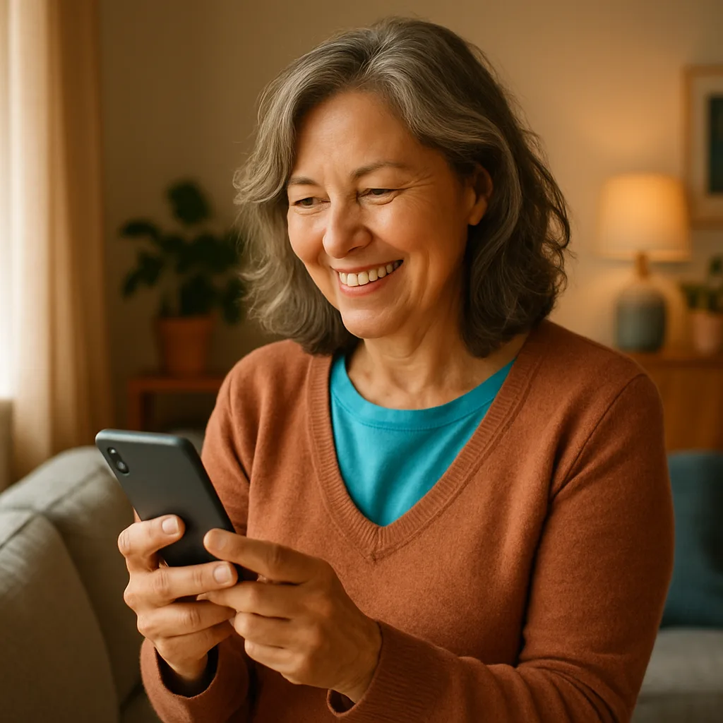Smiling woman confidently checking her phone — verified profiles on The Oxfordshire Dating Site